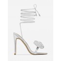 Rhinestones Bow Decor Lace Up Ankle Wrap Heeled Sandals