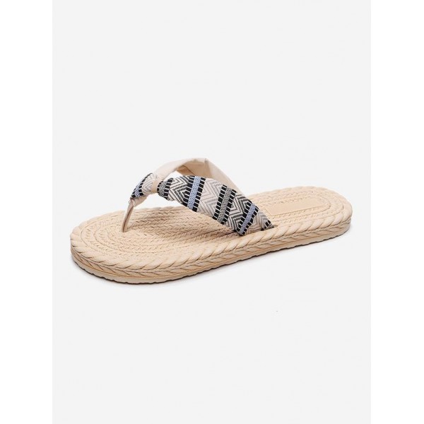 Ethnic Style Geo Pattern Espadrilles Wedge Heel Platform Straw Beach Vacation Flip Flops