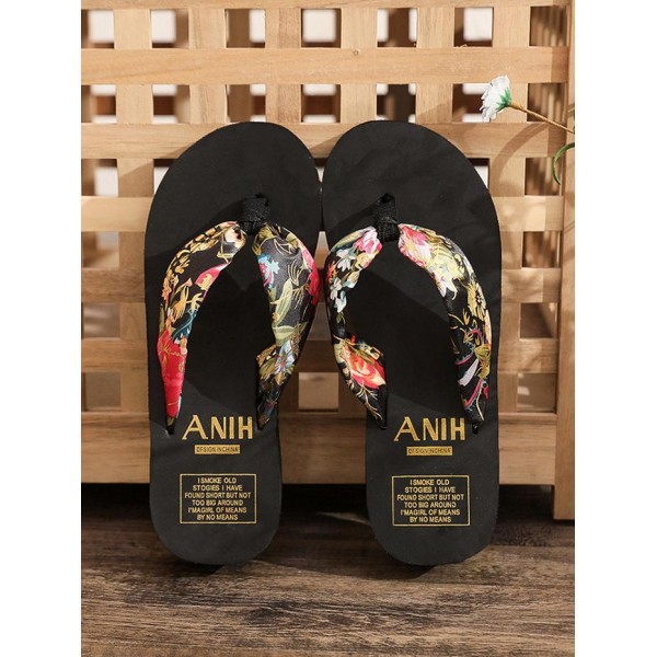 Flower Print Beach Wedge Flip Flops