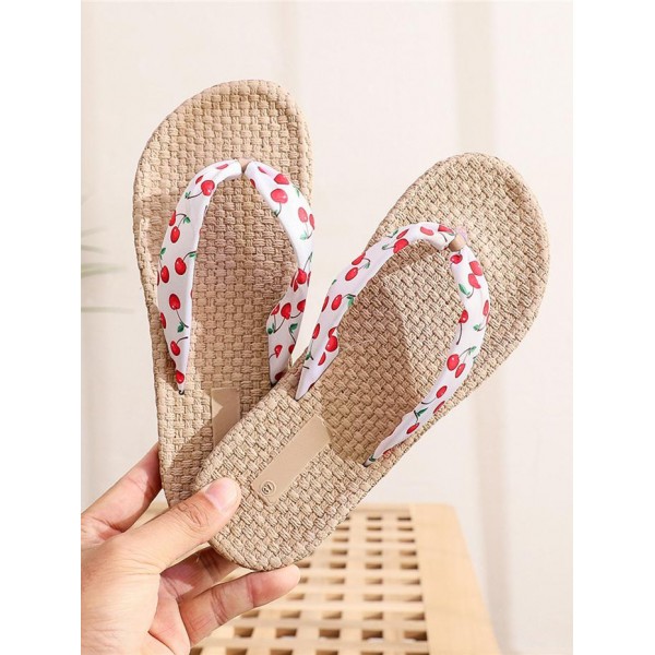 Cherry Print Espadrilles Straw Flip Flops