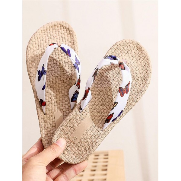 Vacation Beach Butterfly Pattern Espadrilles Straw Slip On Sandals Flip Flops