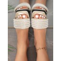 Women's Faux Pearl Decor Metallic Color Flat Heel Slide Sandals