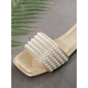 Women's Faux Pearl Decor Metallic Color Flat Heel Slide Sandals