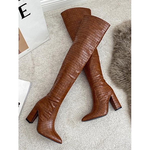Side Zip Embossed Chunky Heeled Over-the-knee Boots