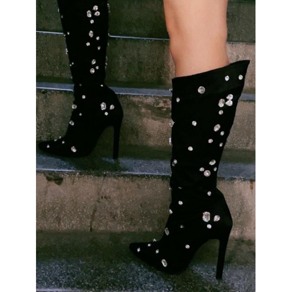 Rhinestone Design Pointed Toe High-heeled Knee Boots