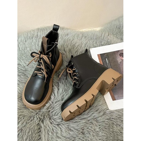 Chunky Heel Double Straps Lace-up Front Boots