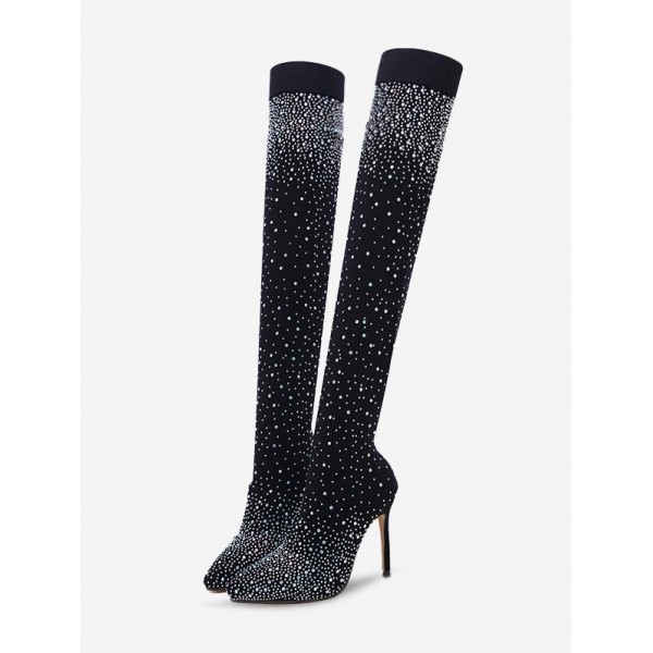 Rhinestones Detail Stiletto Heeled Club Stretch Over-the-knee Socks Boots