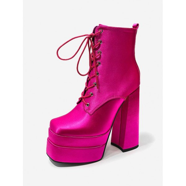 Chunky Platform Side Zip Design Satin Boots