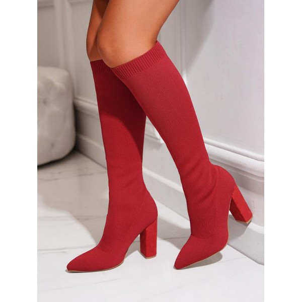 Chunky Heel Slip On Knit Knee High Stretch Knit Sock Boots