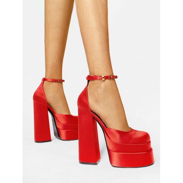 Pair Of Satin Platform Chunky Heels Ankle Strap Pumps Thick Bottom Shoes