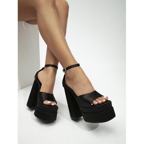 Pair Of Prom Party Satin Platform Peep Toe Sky-high Block Ankle Strap Chunky Pumps Sandals