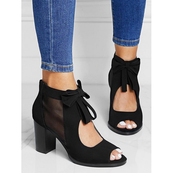 Bow Decor Mesh Panel Cutout Chunky Heel Peep Toe Pumps