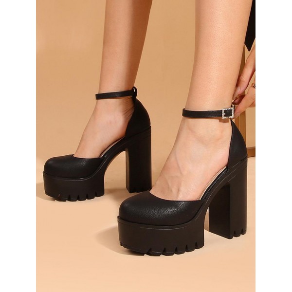 Women's Solid Color Platform Block High Heels Rhinestone Decor Ankle Strap Slingback Pumps
