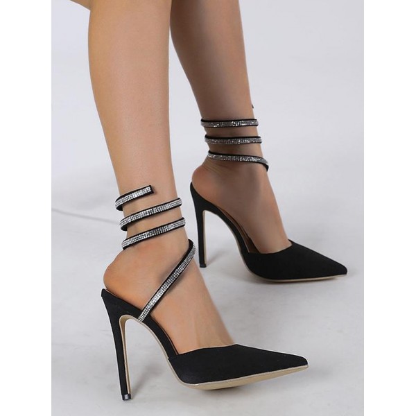 Rhinestones Detail Ankle Wrap Heeled Party Pumps